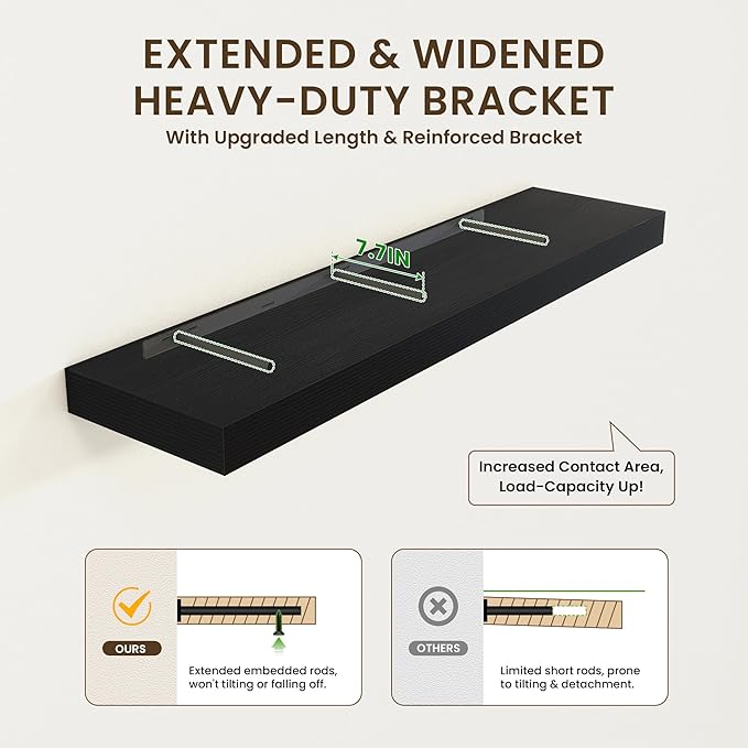 Black Floating Shelves for Wall - 72 Inch Wide x 12 Inch Deep Wall Shelves Set of 1 - Rustic Black Wood Shelves for Living Room, Bathroom, Laundry Room, Bedroom, Kitchen, Home Office