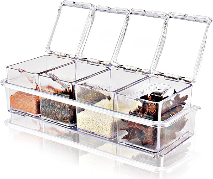 Clear Seasoning Box - 4 Piece Acrylic Spice Storage Container storage Tool for Kitchen Herb Spice Tools Gadgets-Cruet with Lid and Spoon