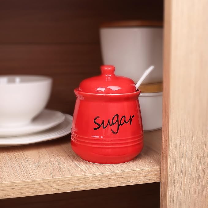 HAOTOP 12oz Sugar Bowl with Lid and Spoon,Ceramic Sugar Jar Sugar Dispenser Sugar Container Coffee Bar Accessories, Kitchen Countertop Canisters, Red