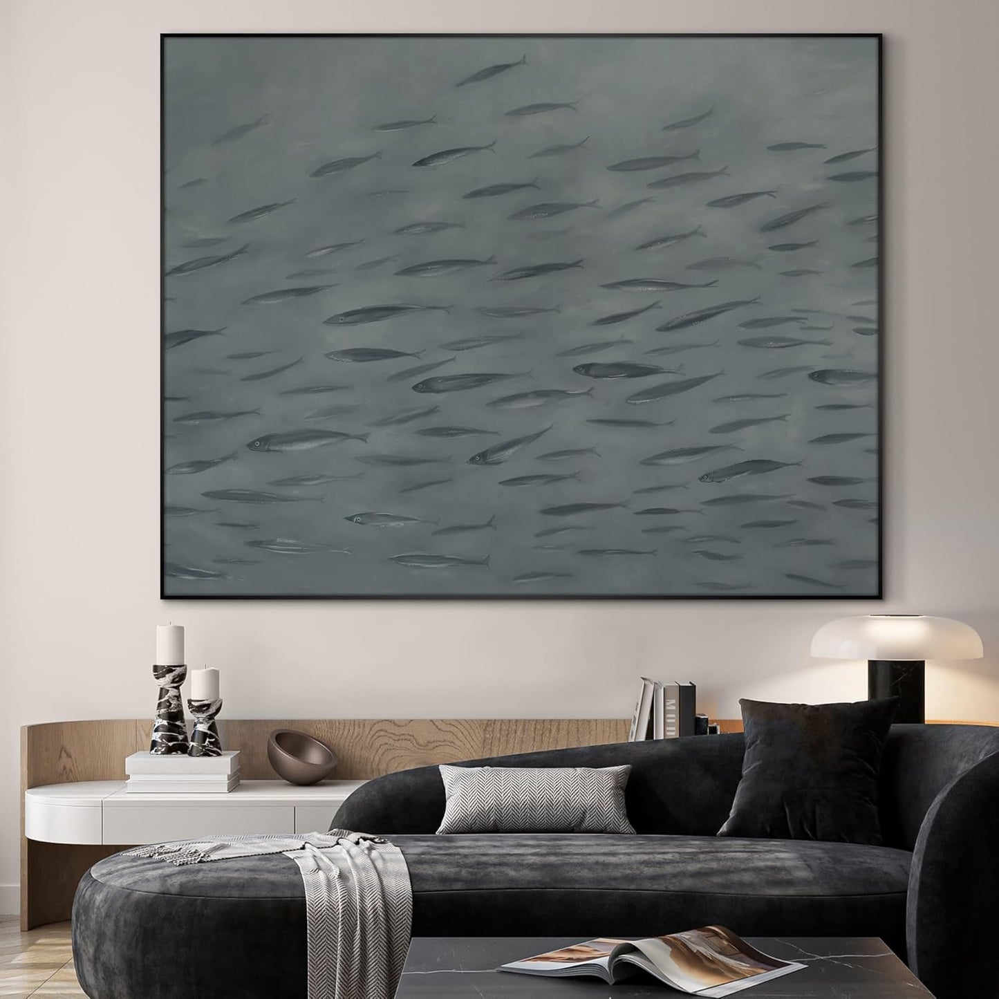 SIGNWIN 46"x60" Extra Large Framed Wall Art Gray School of Fish Minimalist Ocean-Inspired Marine Life Illustration for Home Living Room Bedroom Decor (Frame Assembly Required)