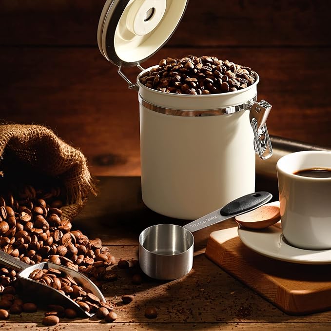 ShanSon Coffee Canister Airtight Coffee Container Stainless Steel Coffee Bean Storage Container with Scoop Coffee Canister for Beans Grounds Sugar Flour Tea Cereal,16OZ, Beige