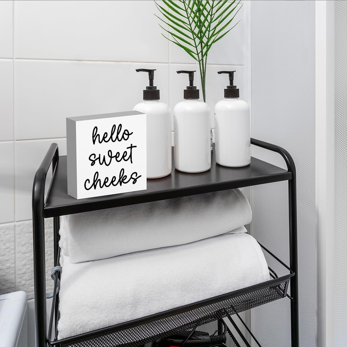 Hello Sweet Cheeks Bathroom Decor, Funny Bathroom Signs Decoration, Black and White Bathroom Decoration, Bathrooms Decor for Shelves, Wooden Box Decoration Sign for Home Farmhouse Living Room Table