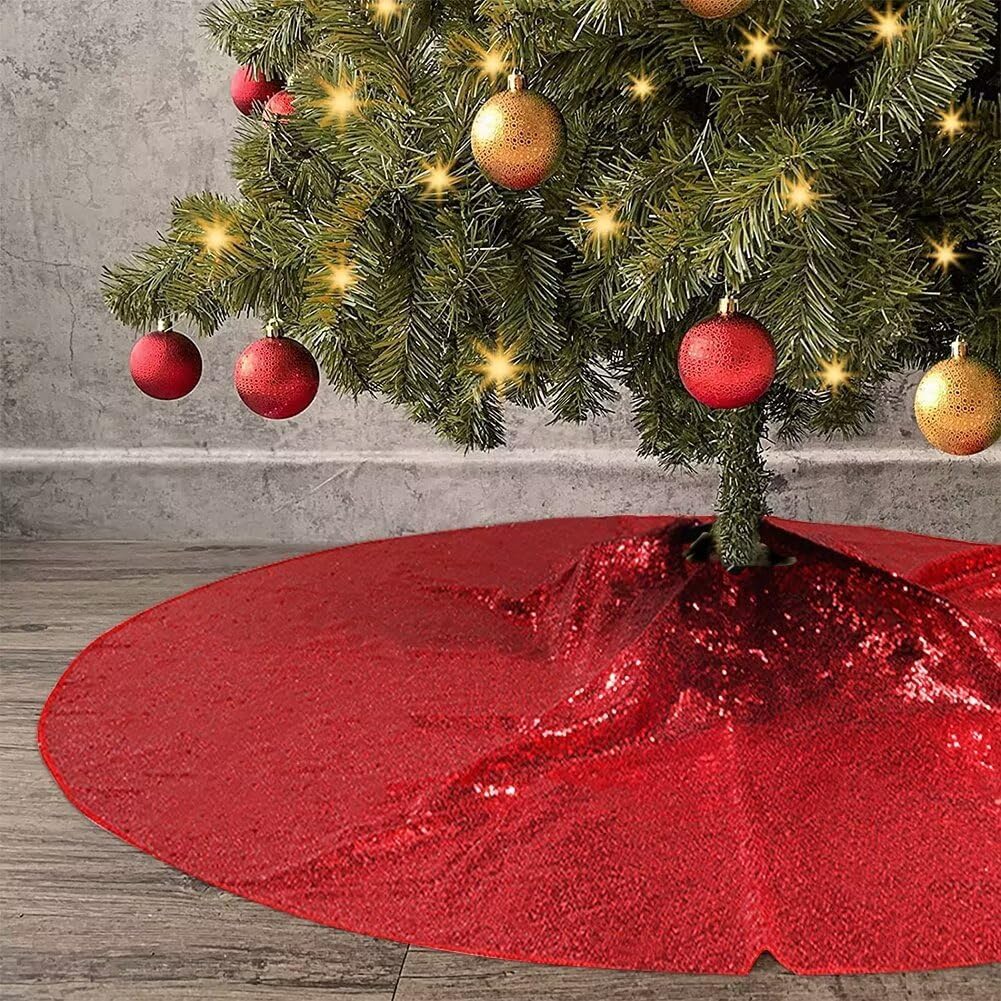 Eternal Beauty Christmas Tree Skirt, 70 Inch Red Sequin Tree Skirt Small Xmas Tree Skirt for Christmas Tree Decorations