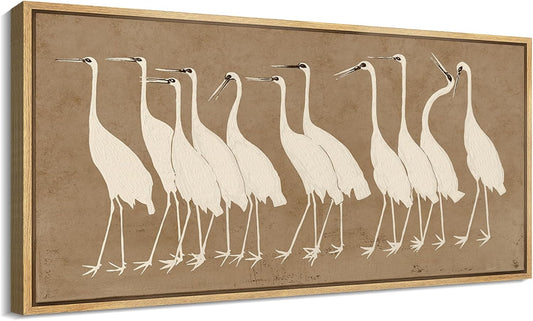 MUDECOR Extra Large Framed Canvas Print Wall Art Minimalist White Cranes on Beige Background Antique Retro Fine Art Illustrations Decorative Colorful for Bedroom - 60"x30"