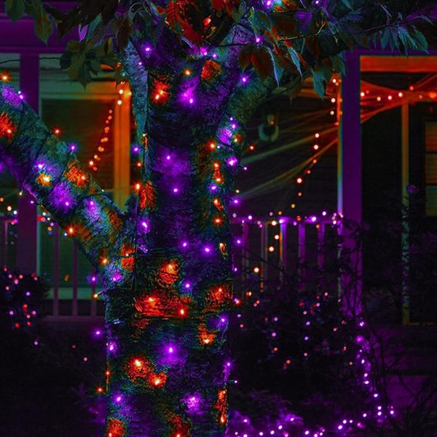 Purple and Orange Solar Halloween Lights Outdoor, Total 80 FT 240 LED Solar Powered Waterproof Fairy Lights 8 Modes Copper Black Wire Lights for Halloween Party Tree Wedding Yard Decorations, 2 Pack