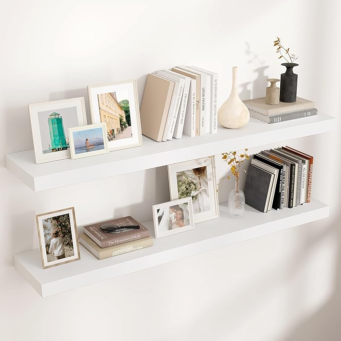 Floating Shelves for Wall, 2 Large Wall Mounted Shelves with Invisible Brackets, Long Wood Floating Wall Shelf Shelves for Living Room, Bedroom, Kitchen, (White, 48" W x 9" D x 1.5" H)