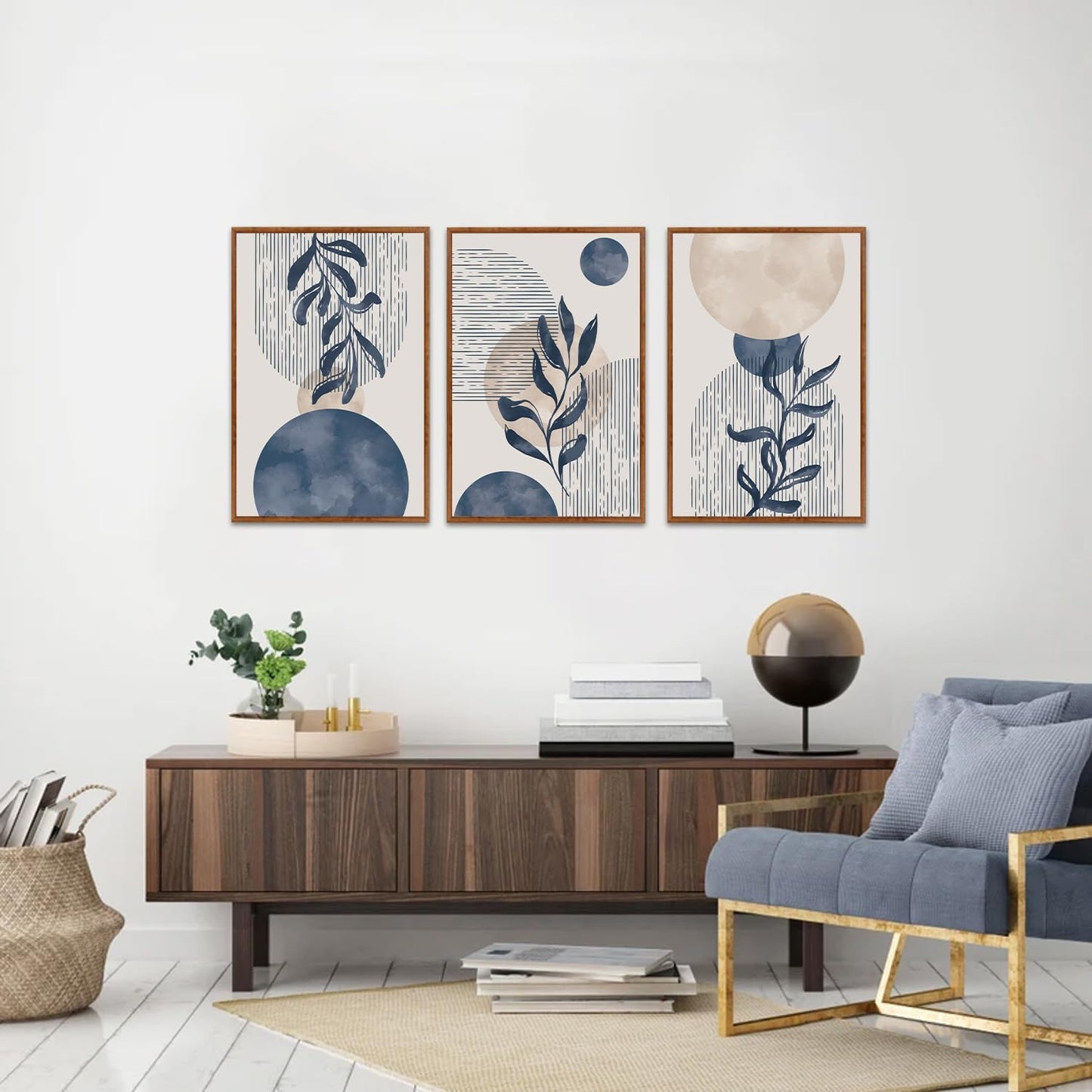 KAIRNE Boho Plant Wall Art Set of 3,Blue Bohemain Framed Canvas,Abstract Geometric Line Wall Painting,Modern Nature Prints,Botanical and Moon Wall Art for Living Room Bedroom Office - 3Pieces,16”X24”