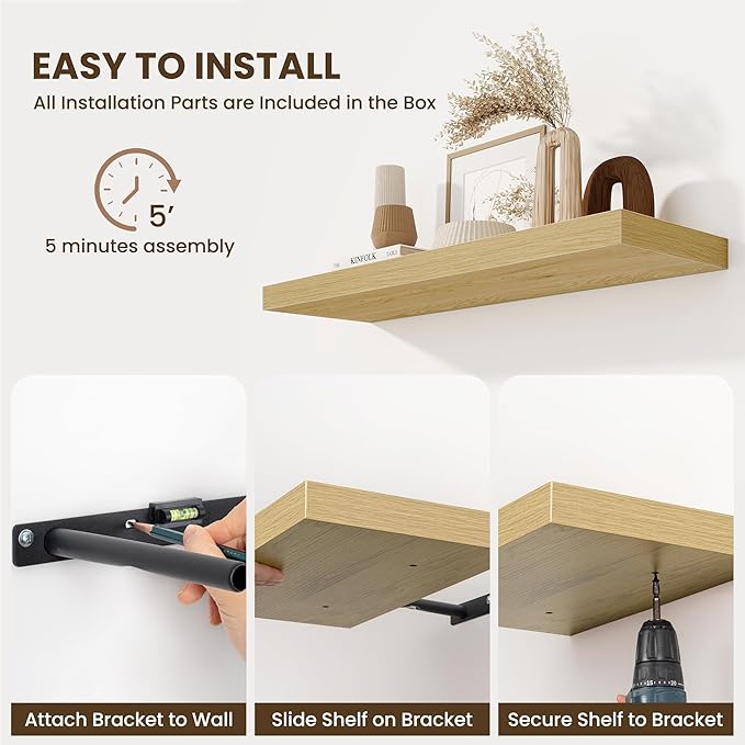 Fun Memories 32 x 10 Floating Shelves Wall-Mounted - Rustic Wood Shelf - 10 Inch Deep Floating Shelves for Wall - Large Storage Shelf for Bathroom - Kitchen & Bedroom - Oak - Set of 2