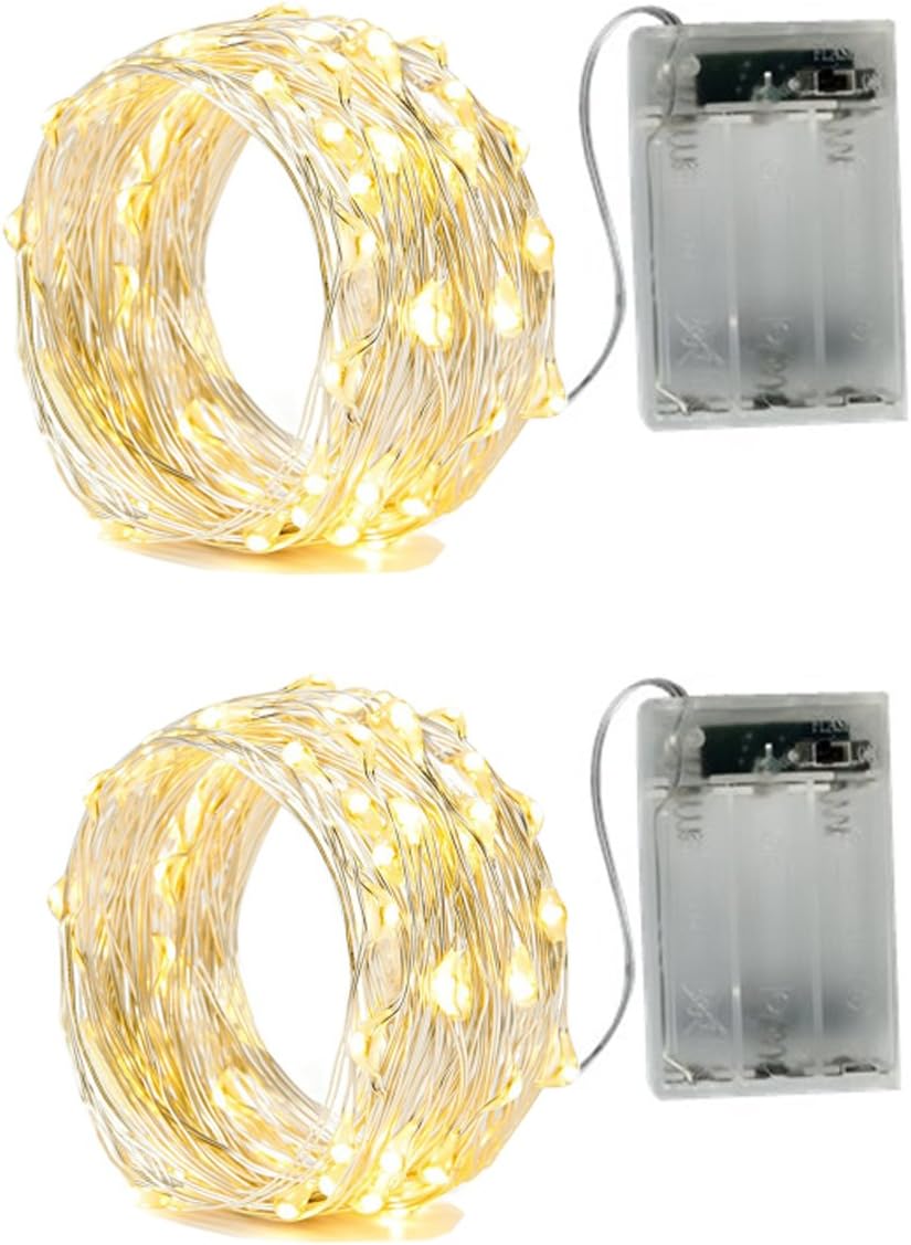 2 x 20LEDs Fairy Lights Battery Operated, Silver Wire 2 Mode Chains String Lights for Bedroom Christmas Party Decoration (Warm White, 6.6)