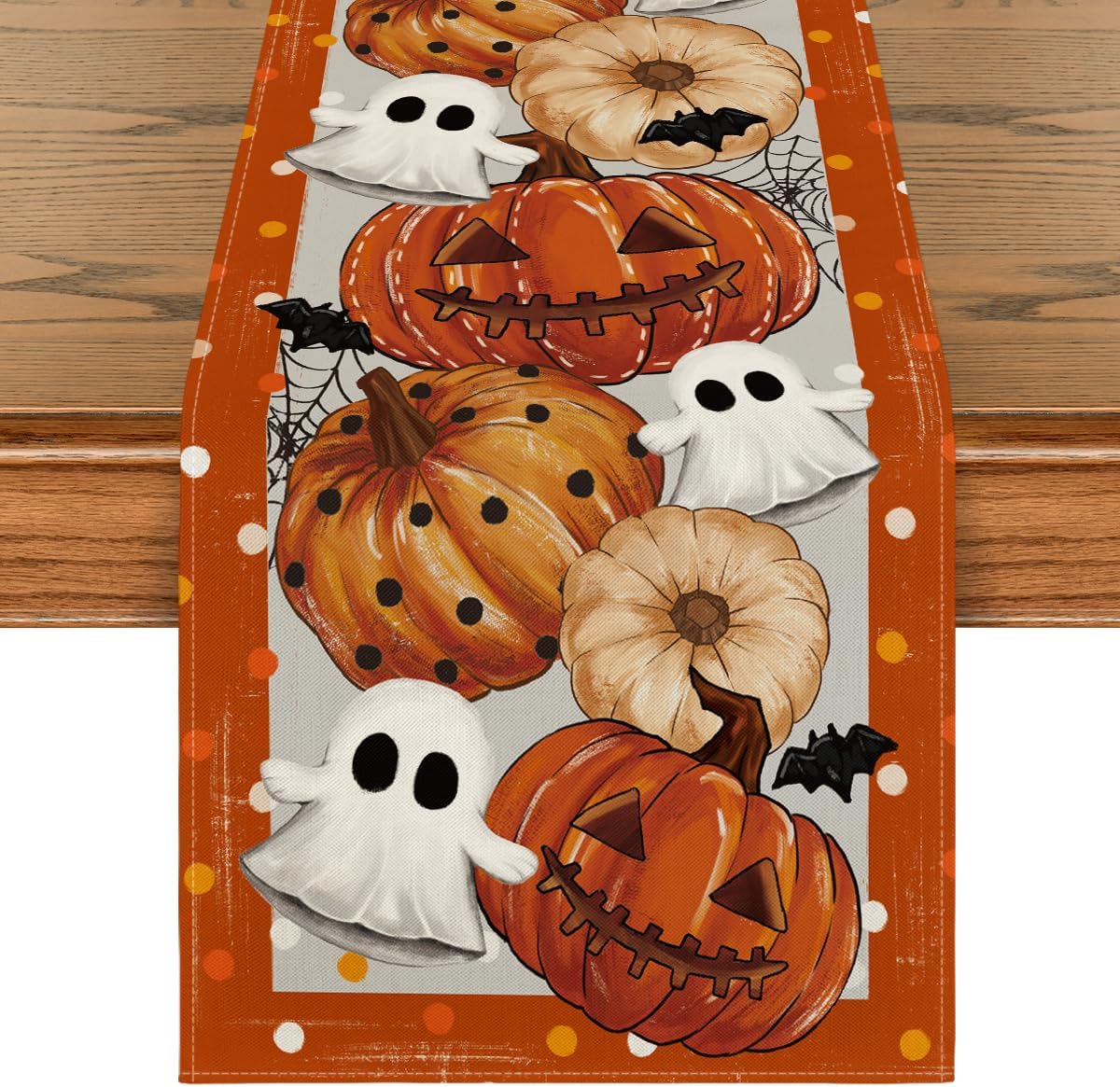 Artoid Mode Orange Jack-O'-Lantern Pumpkin Ghost Halloween Table Runner, Holiday Kitchen Dining Table Decoration for Home Party Decor 13 x 72 Inch