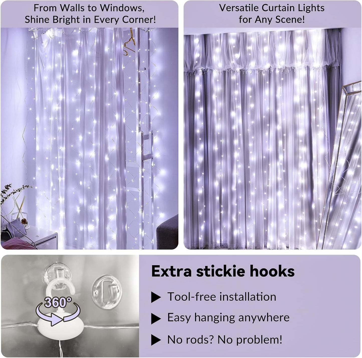 HXWEIYE 300LED Fairy Curtain Light (Upgrade Two Kinds of Light Clips) with Remote 8 Modes Times，9.8x9.8Ft White USB Plug-in Christmas Hanging String Light for Bedroom, Parties, Walls, Windows