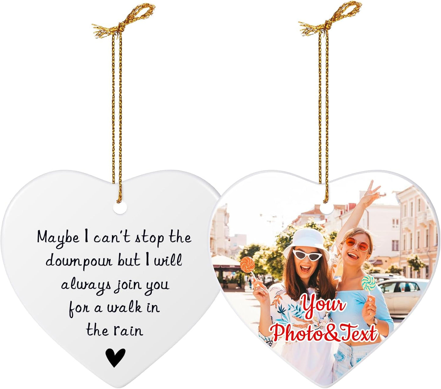 Personalized Maybe I Can't Stop The Downpour Ornament, Friendship Gifts for Women Best Friend Bestie Sister Brother, Tough Time Gift, Ceramic Heart Christmas Ornaments