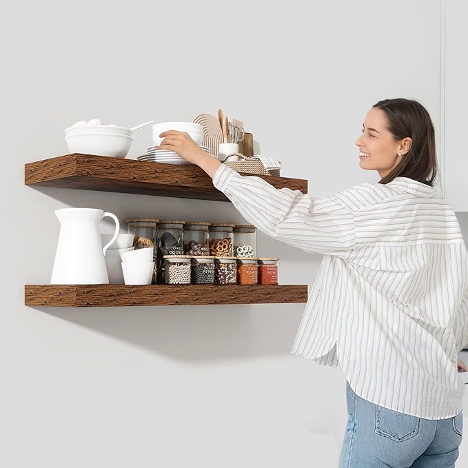 Heimlove 55 Inch Floating Shelves for Wall,10 Deep Large Rustic Brown Wall Shelf with Heavy Duty Brackets,Mounted Storage & Display Shelves for Bedroom,Living Room,Kitchen,Office,Set of 2