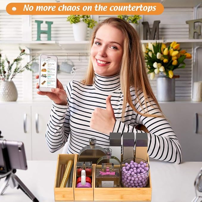 Bamboo Drawer Organizer Utensil Holder for Kitchen, Small Wood Silverware Storage Organizer, Stackable Box Tray for Cutlery, Flatware, Bathroom Caddy for Makeup, Perfume, Jewelry, 6x3x2.5 Inch