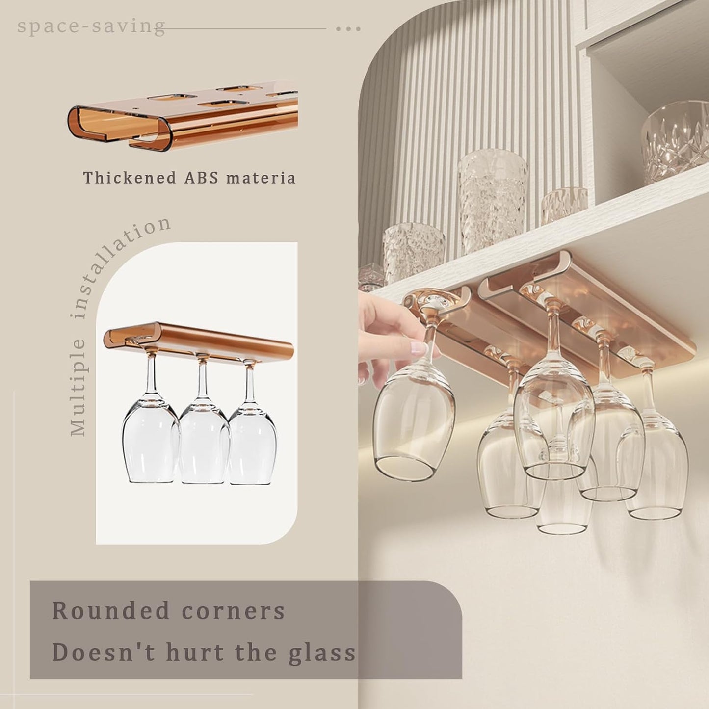 4Pack Wine Glass Rack, Punch-free Under Cabinet Stemware Rack for Kitchen and Bar (Amber)