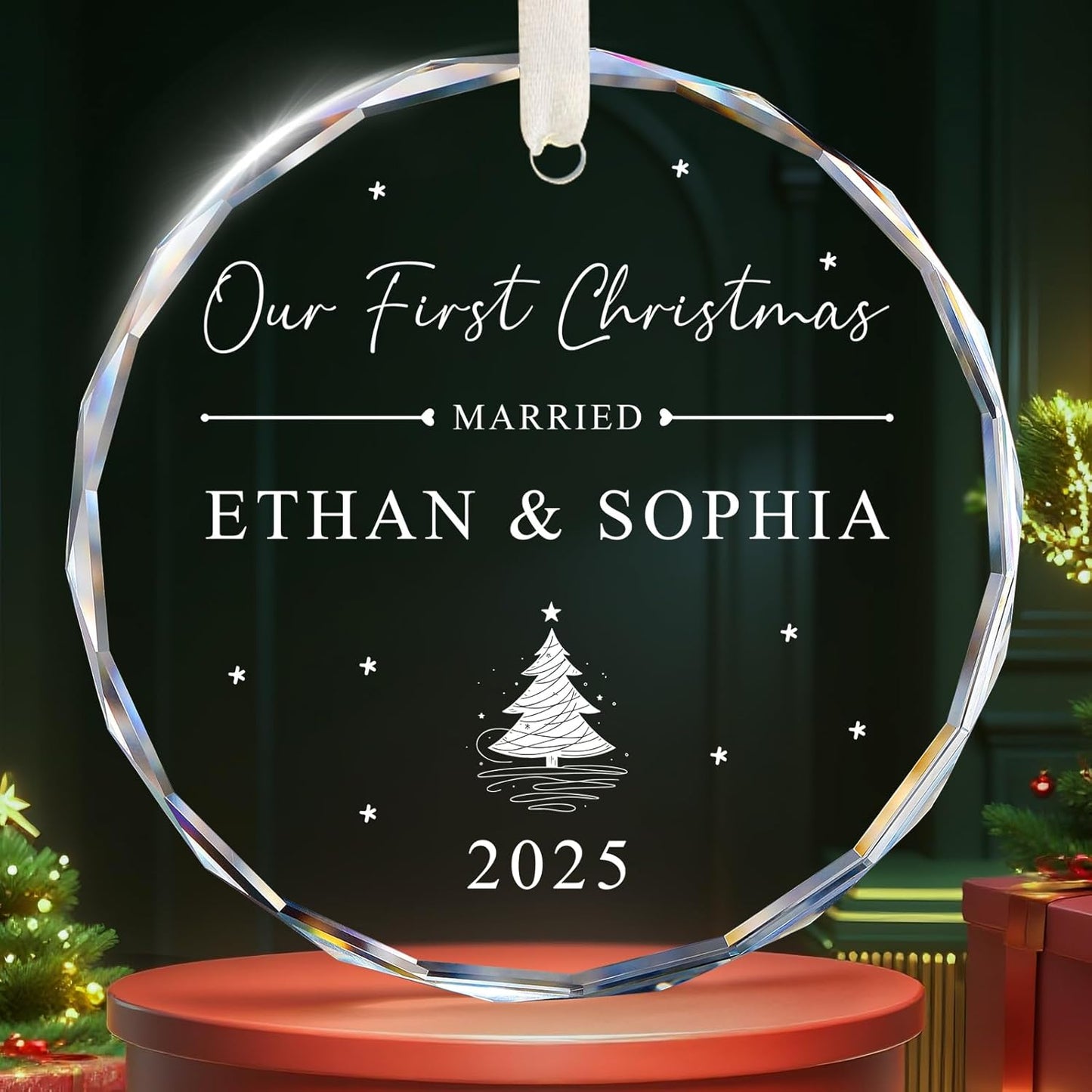 Personalized First Christmas Married Ornament 2025, 1st Year Wedding Ornament for Newlywed, Custom Christmas Ornament Hanging Decoration for Couples Just Married with Gift Box