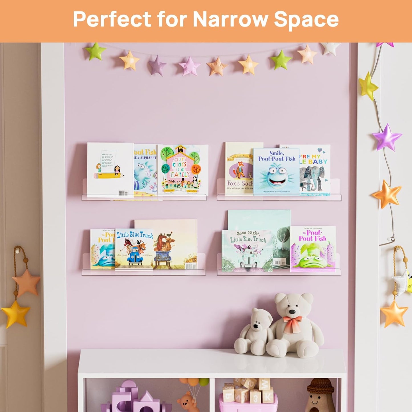 upsimples Acrylic Shelves for Bathroom Storage, 15" Floating Shelves Wall Organizer for Perfume, Make up, Skincare, Kids Bookshelf for Bedroom, Nursery, Living Room Decor, Clear, 2 Pack