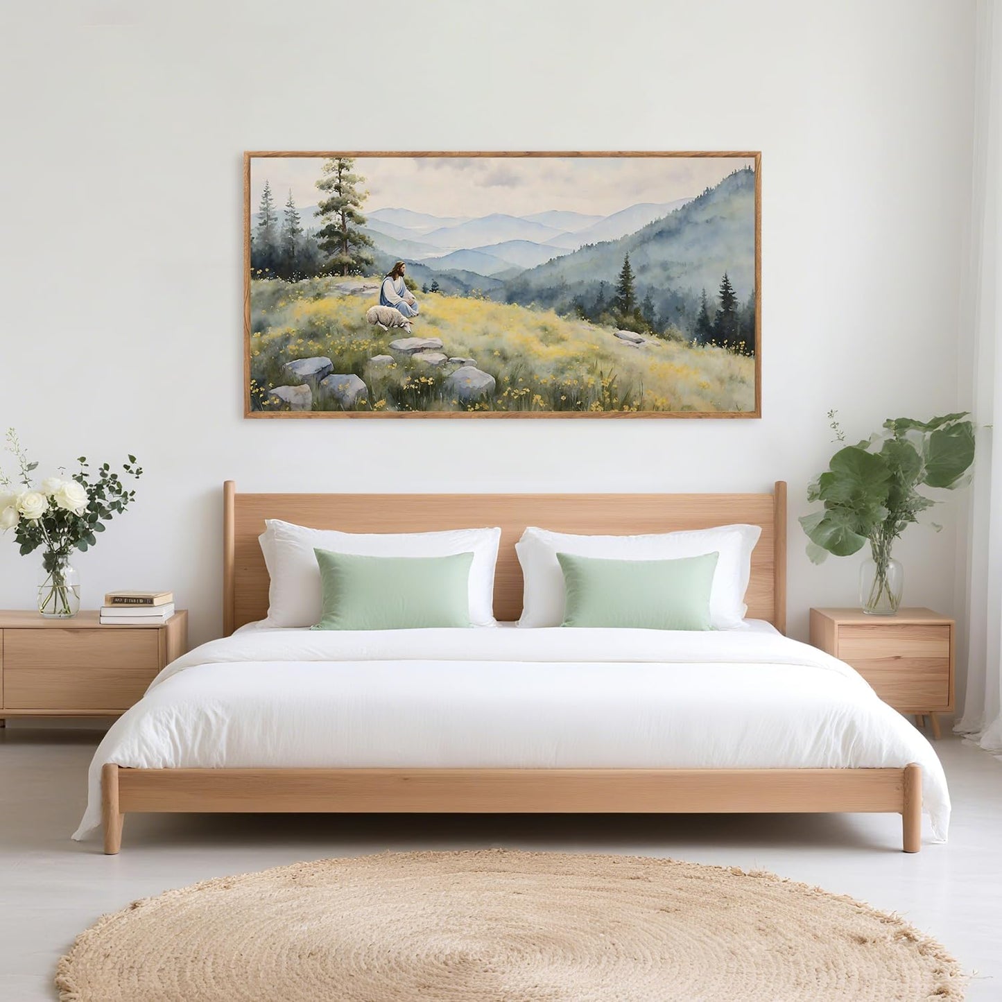 Aurlan Christian Jesus with Lost Sheep Wall Art(40"x20"), Boho Religious Lamb The Good Shepherd Psalm 23 Canvas Artwork, Large Abstcat Watercolor Vintage Nature Landscape Bible Story Decor for Home Dining Room Christ Gift