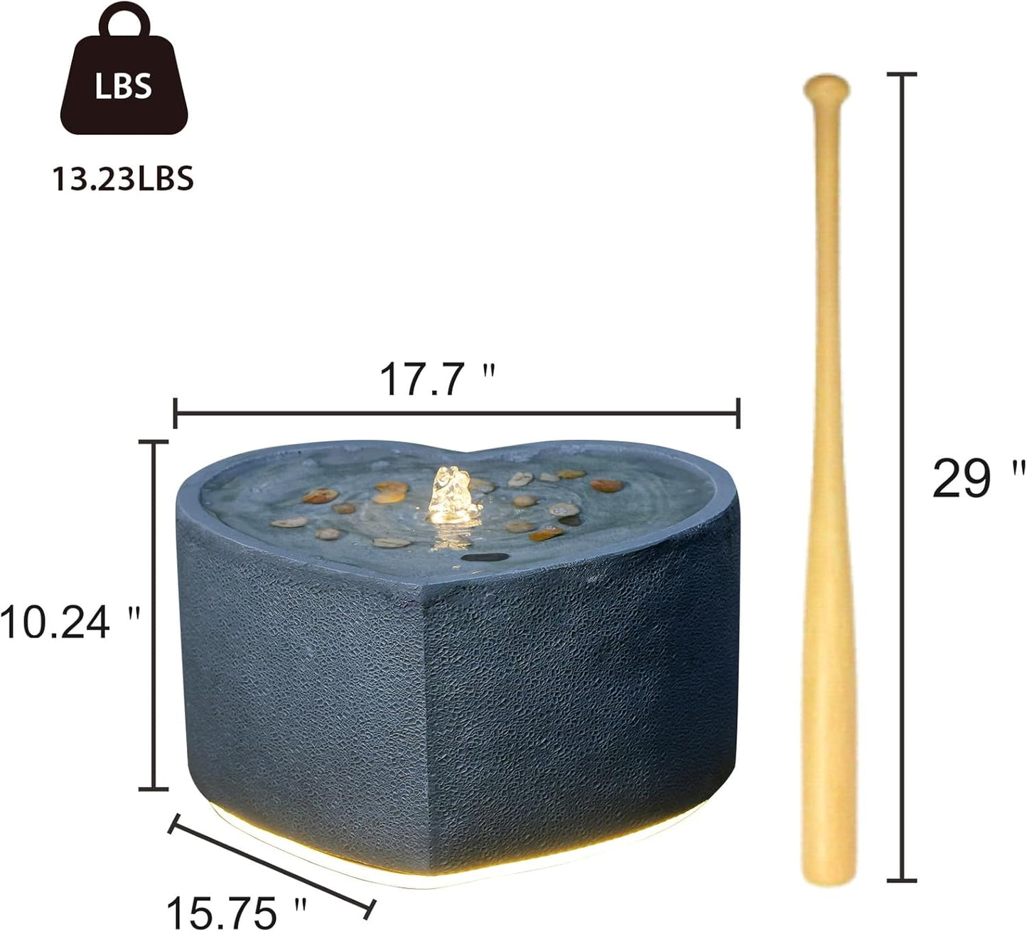 Water Fountain Outdoor Garden Heart Shaped Bubble Up Fountains Indoor Water Feature with LED Lights & Pump for Patio, Balcony, Courtyard, Terrace, Porch Decoration,15.75 Inch H