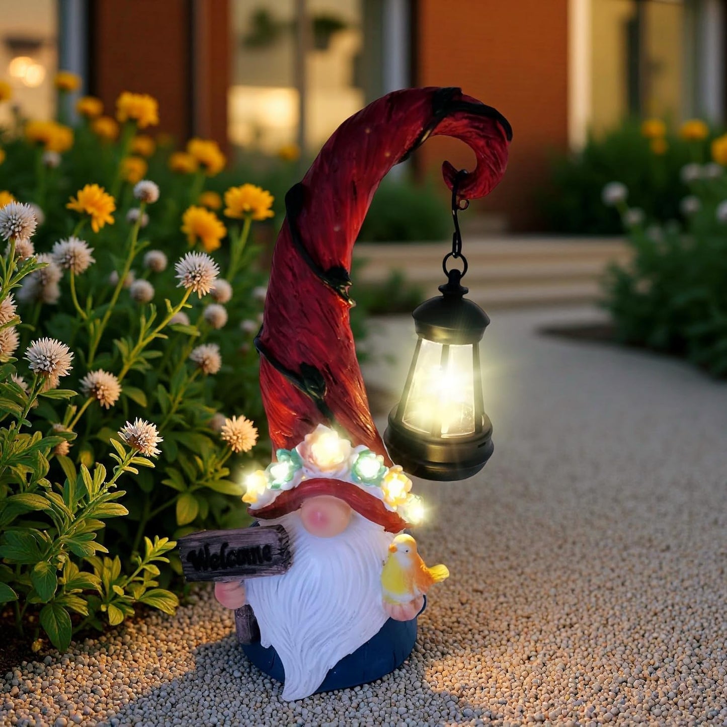 Solar Outdoor Figurine Lights Gnome Garden Decor Statue with LED Flowers & Lantern, Glowing Fairy Yard Decorations for Outside Patio Yard Front Porch, Housewarming Home Decor Gifts Thanksgiving