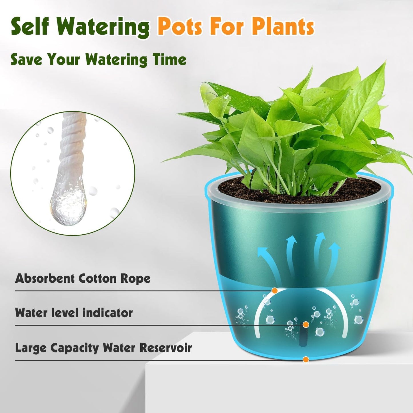 Self Watering Pots for Indoor Plants, 4-Pack 6.7'' Self Watering Planter with Drainage Holes, Small African Violet Pots with Water Indicator, Clear Wick Orchid Pot, Blue Gold
