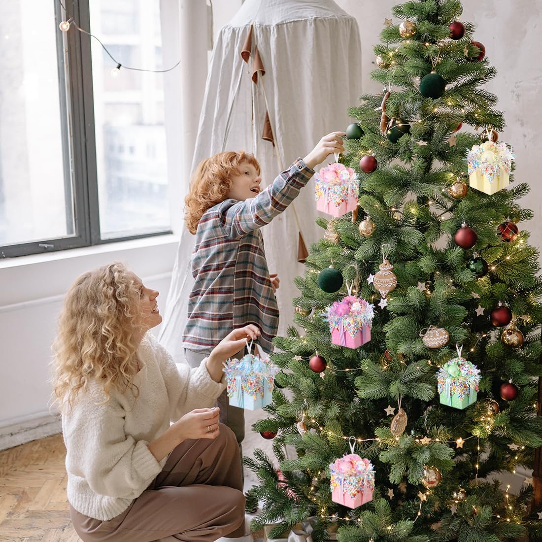 Christmas Tree Gift Box Ornament Set,3 Pieces Macaron Color Candy Gift Hanging Ornaments for Christmas, New Year, Easter, Birthday (Pink Purple Blue)