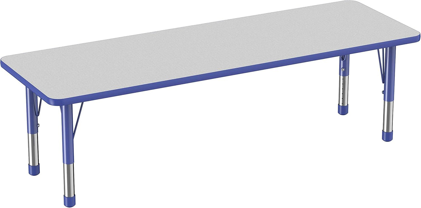 FDP Rectangle Activity School and Classroom Kids Table (24 x 72 inch), Chunky Toddler Legs, Adjustable Table Height 15-24 inches - Gray Top and Blue Edge