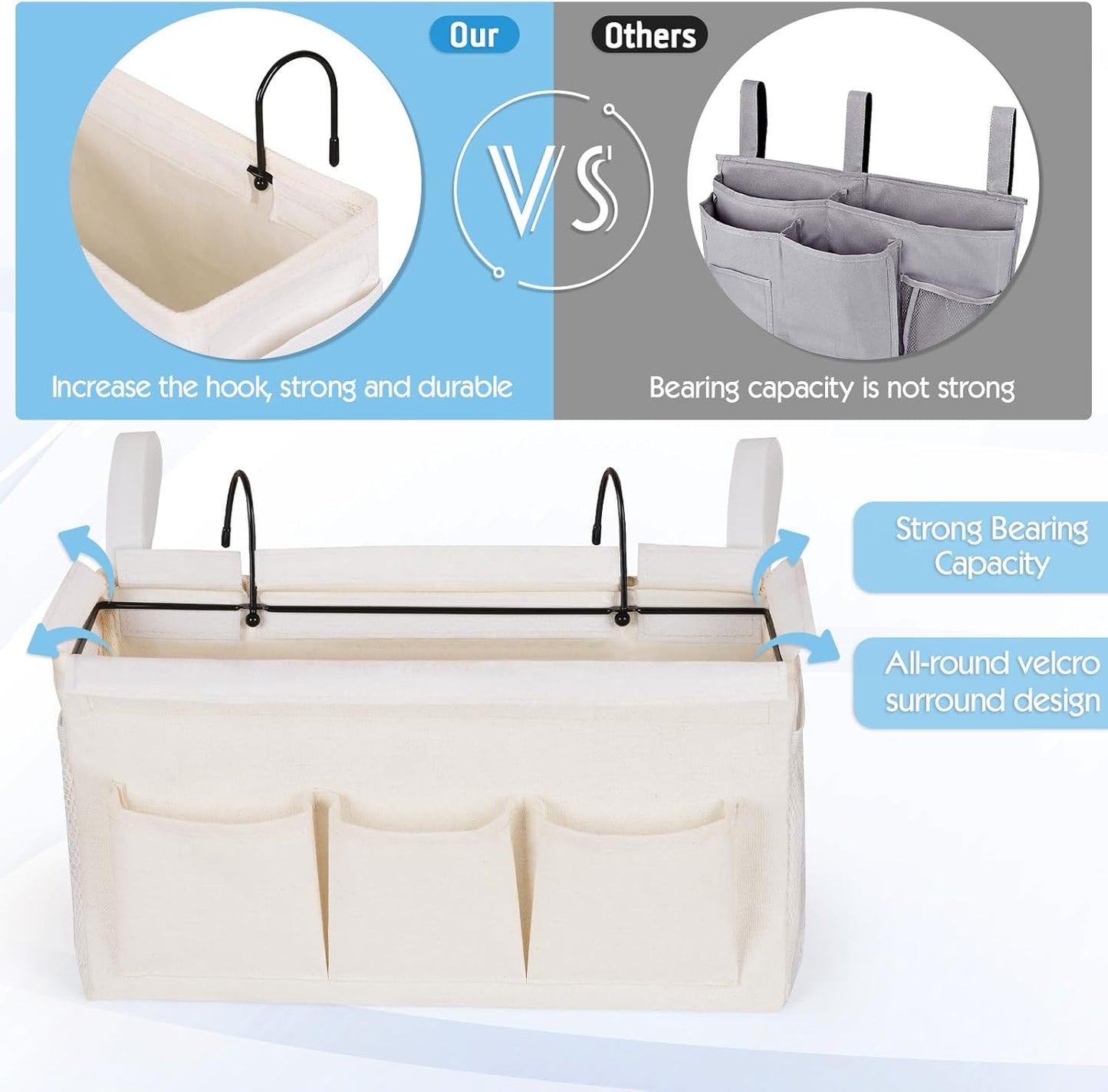 Bedside Storage Caddy/Bedside Hanging Storage Bag for Headboards Bunk Beds Dorm Rooms Book Phone Magazine Holder (New White)