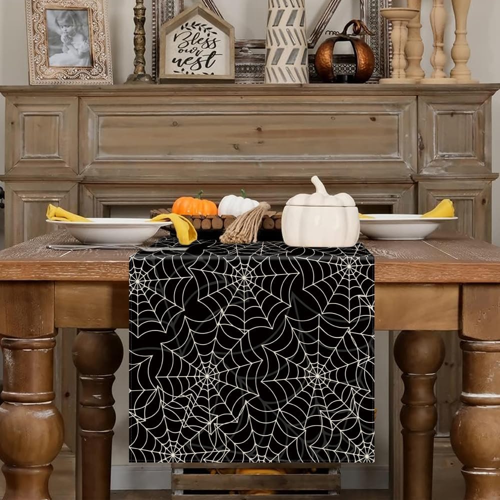 Halloween Table Runner Spider Web Black Linen Table Runners for Seasonal Holidays Indoor Outdoor Kitchen Dining Party Home Decor 13 x 72 Inch