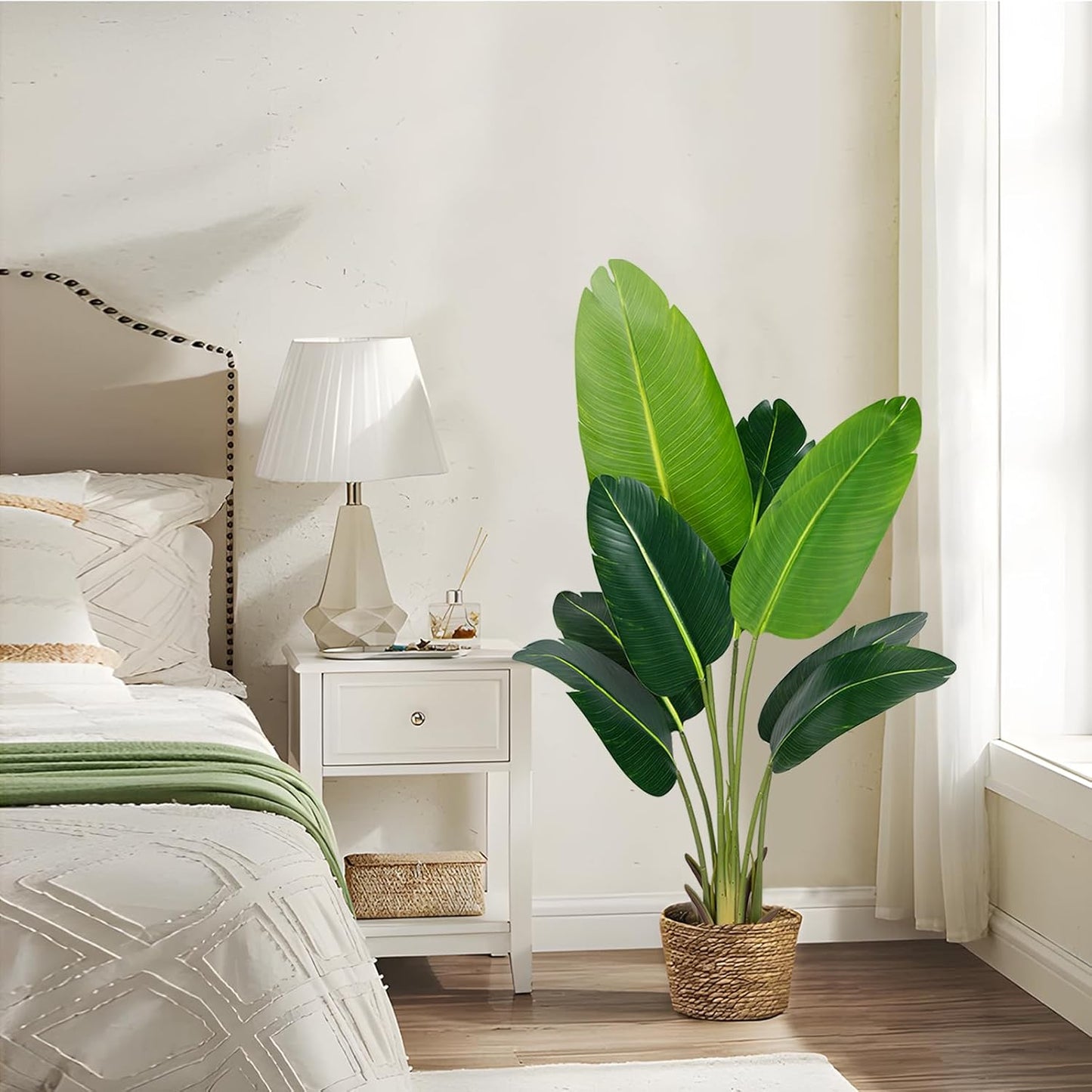 Artificial Bird of Paradise Plant 4Ft Fake Tropical Palm Tree with 8Trunks Faux Banana Leaf Trees in Pot for Home Indoor Outdoor Office Modern Decor Housewarming Gift（2Pcs）