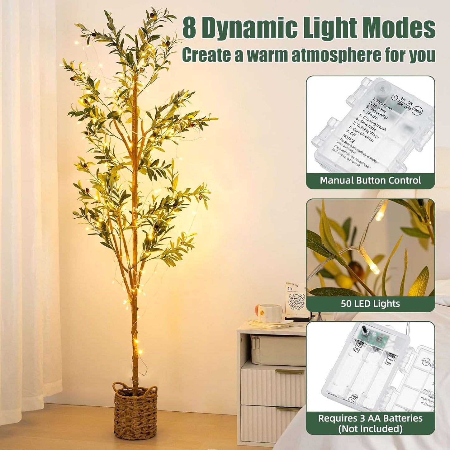 6ft Artificial Olive Tree with LED Fairy Lights, Tall Faux Potted Plant with Woven Basket - Natural Wooden Trunk & Lifelike Leaves & Fruits for Indoor Home Office Foyer Decor Housewarming Gift