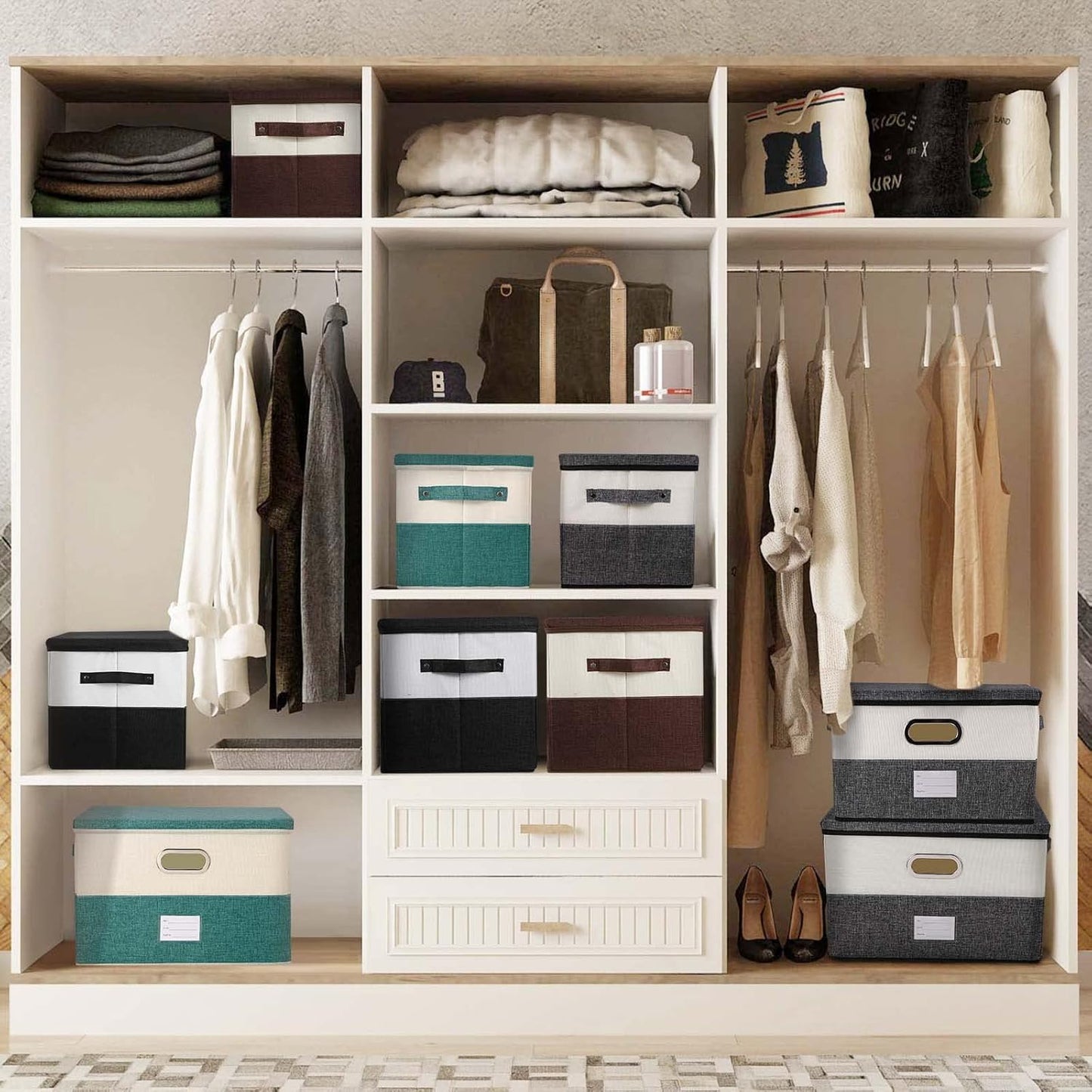 Large Linen Fabric Foldable Storage Bins with Removable Lid and Handles, Washable Storage Box Organizer Containers Baskets Cube with Cover for Bedroom,Office (Coffee&Cream, Large(2-Pack))