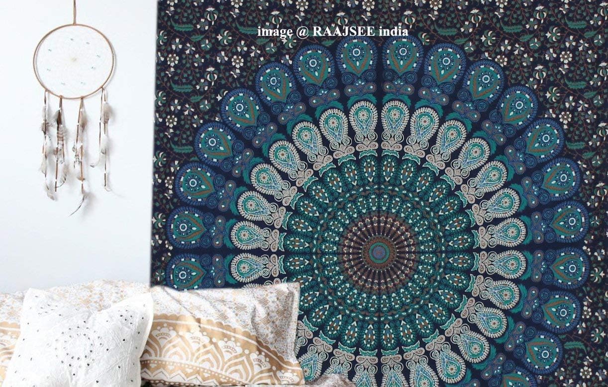 Rajsee Blue Mandala Tapestry for Bedroom, Aesthetic Room Decor, Queen 210x220 cms