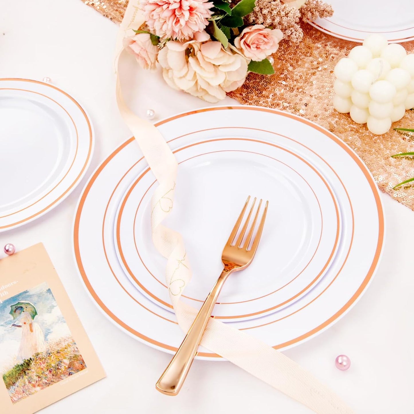 FLOWERCAT 60PCS Rose Gold Plastic Plates - Heavy Duty Rose Gold Plates Disposable for Party Wedding- Include 30PCS 10.25inch Dinner Plates and 30PCS 7.5inch Dessert Plates