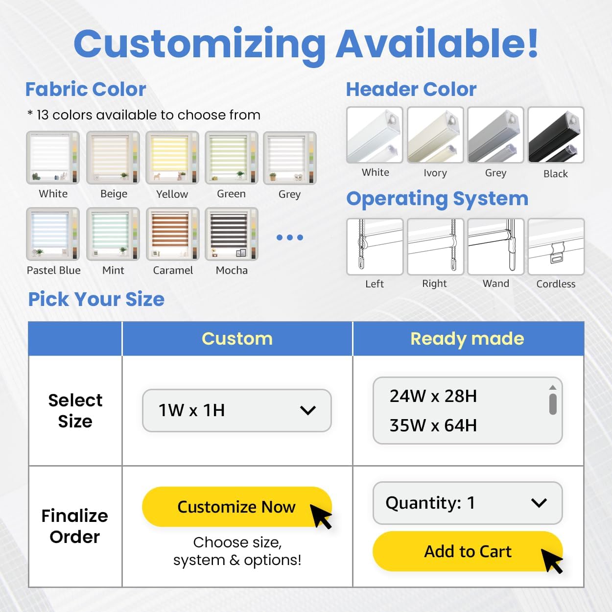 Foiresoft Standard Zebra Roller Blinds for Windows [W45 x H64 Inch, White, Basic], Light Filtering Dual Layer Shades for Bedroom, Living Room, Office, 13 Colors
