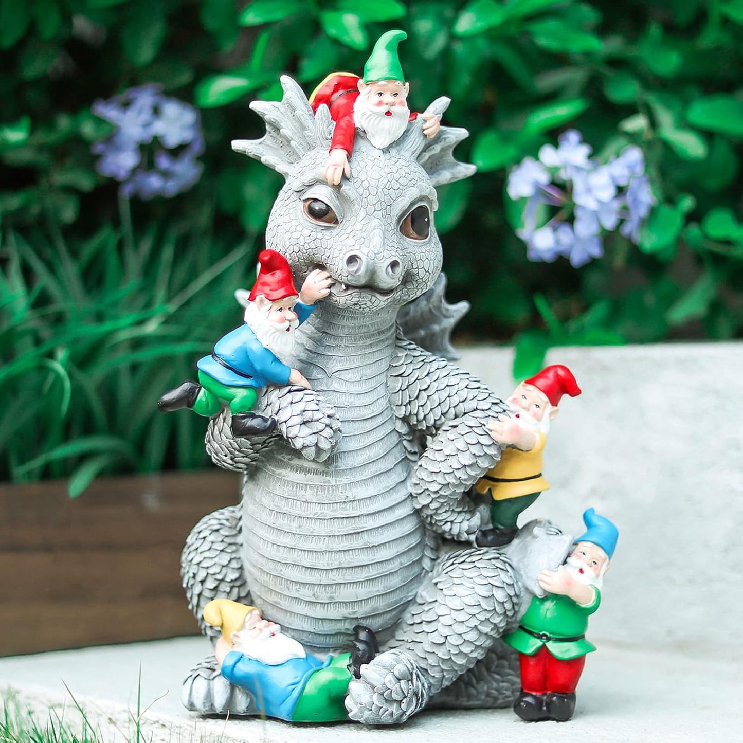 Dragon Gnome Statues Outdoor Decor, 13” Dinosaur Play with Gnomes Garden Statue, Outdoor Statue for All Season Lawn Decor, Garden Decoration, Gardening Gift