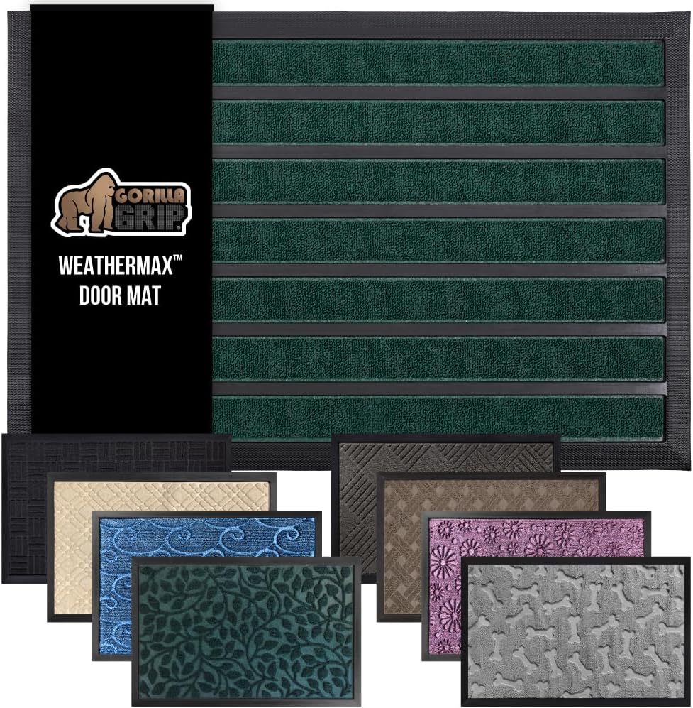 GORILLA GRIP 100% Waterproof All-Season WeatherMax Doormat US Designed Natural Rubber, Stain and Fade Resistant, Low Profile Indoor Outdoor Door Mats, Easy Clean Patio Mat, 17x29, Green Stripe