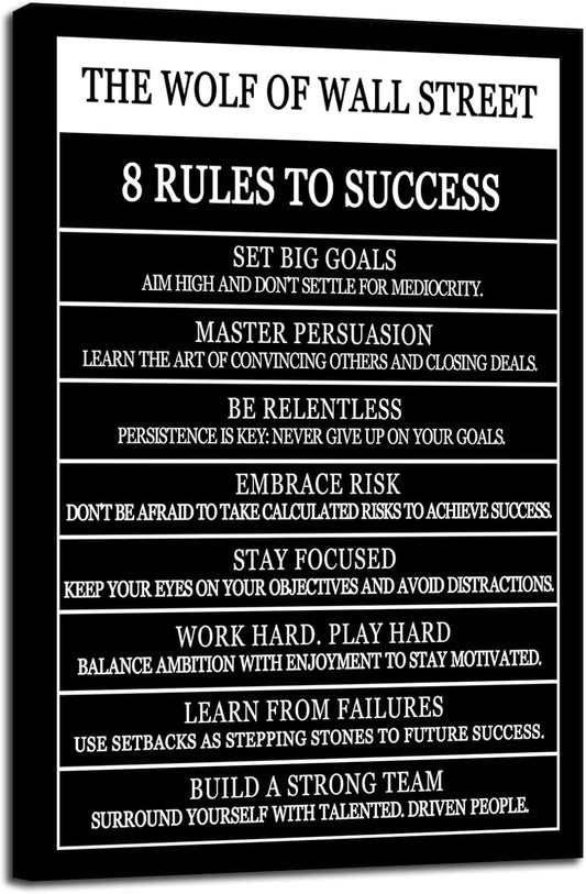 WYJDFART Inspirational Posters The Wolf Of Wall Street 8 Rules To Success Printed Canvas Painting Motivational Wall Art for Office Hallway Gym Bedroom Living Room Framed Ready to Hang[24" W X 36" H]