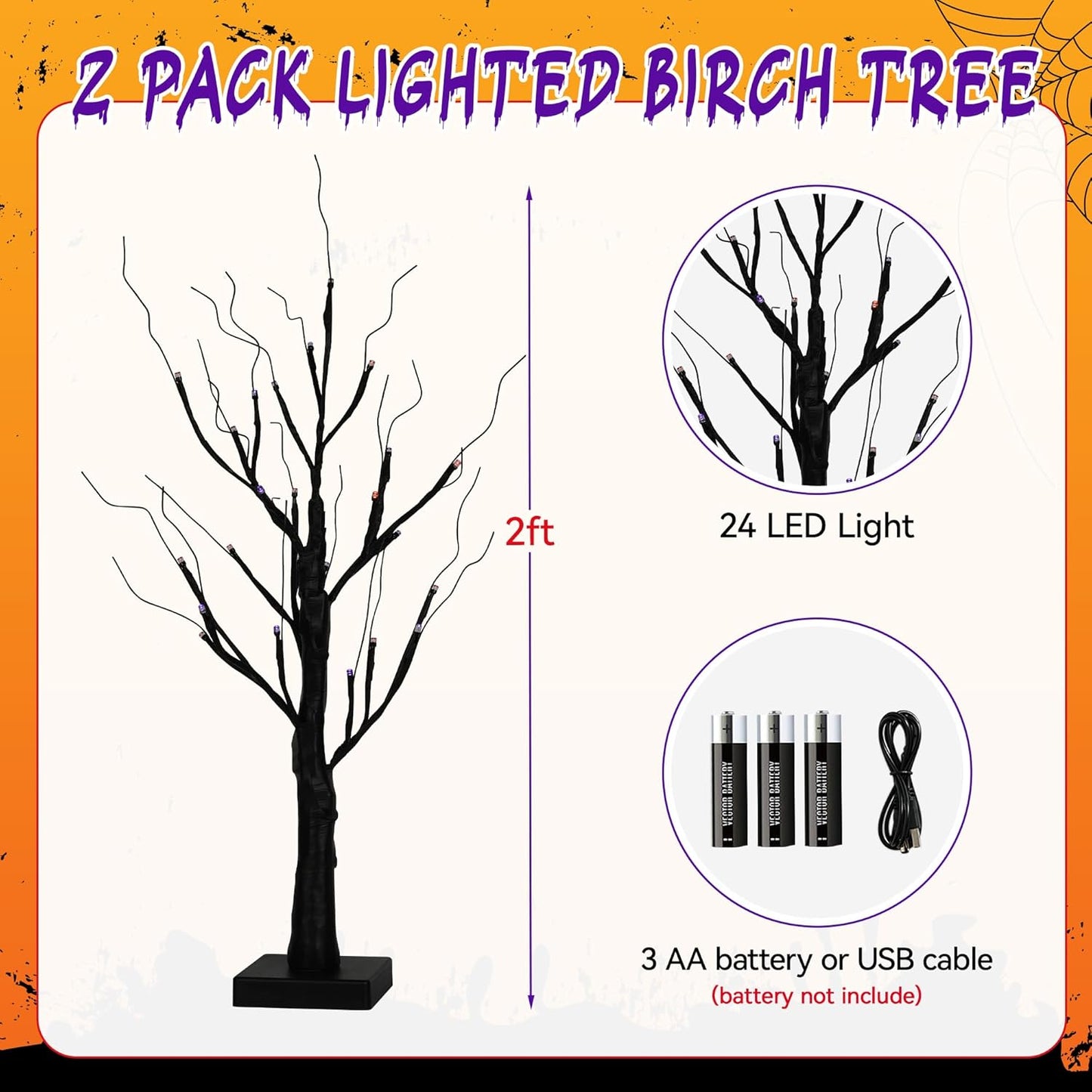 Halloween Decorations Indoor,2 Pack 2FT Birch Tree with 24 Orange and Purple LED Lights,Black Spooky Halloween Tree for Holiday Party,Tabletop Decor for Home,Office,Christmas,Fireplace,Mantle