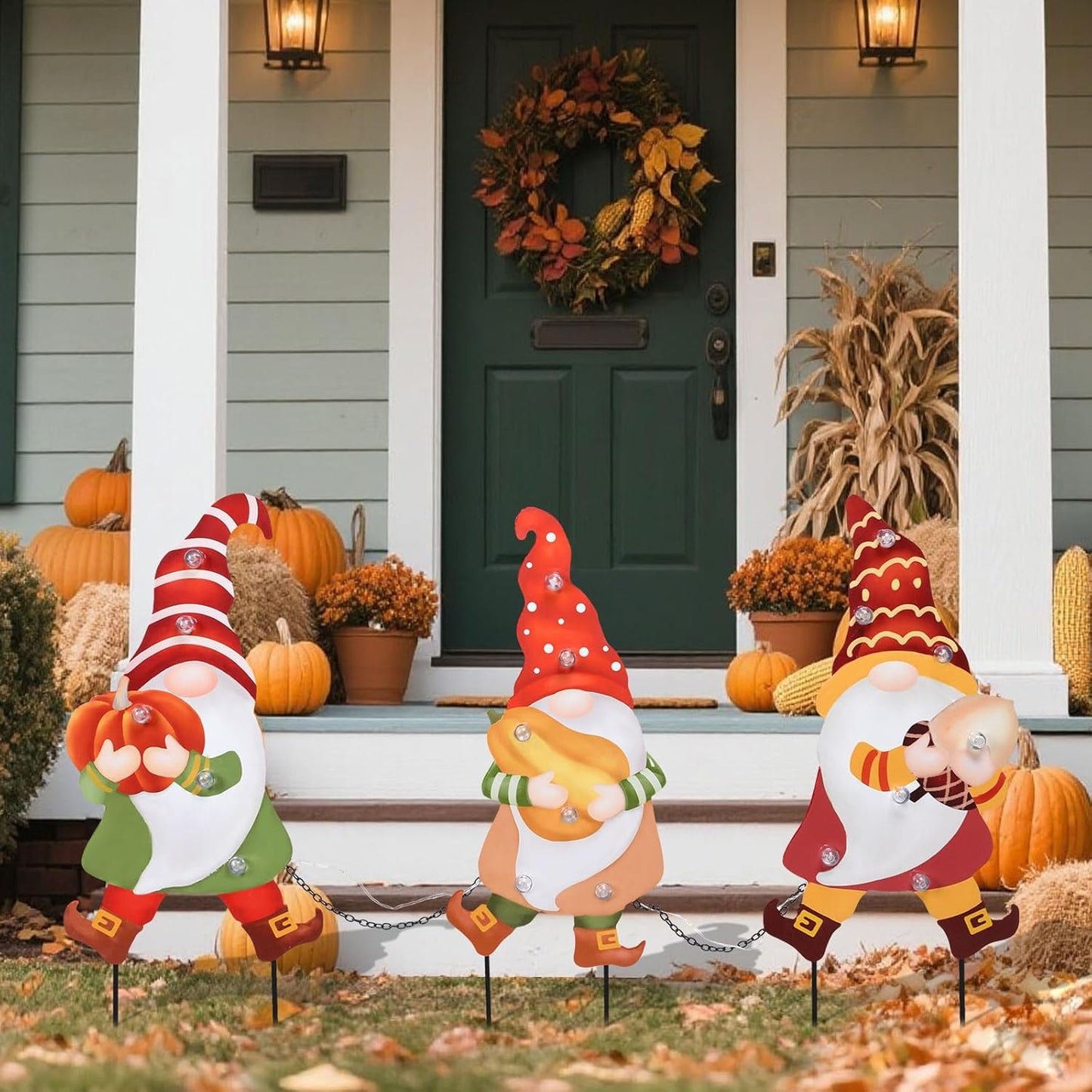 WONDER GARDEN 3 PCS Fall Yard Sign Metal Gnomes Decorative Garden Stakes with Led Lights Autumn Harvest Pumpkin Thanksgiving Garden Lawn Porch Patio Decorations Outdoor