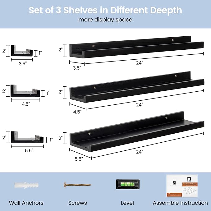 Picture Ledge Wall Shelves 24 inches Width Set of 3, Solid Pine Wood Rustic Floating Ledge Shelves for Kids' Room Bedroom Kitchen Bathroom Living Room Nursery Display Wall Decor, Black