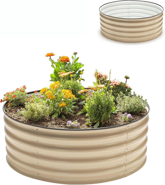 Epic Gardening 5-in-1 Modular Galvanized Raised Garden Bed Kit, 15" Tall Metal Planter Box, Durable Aluzinc Steel Raised Garden Bed Outdoor for Vegetables, Herbs, Flowers & Fruits - Round - Light Clay