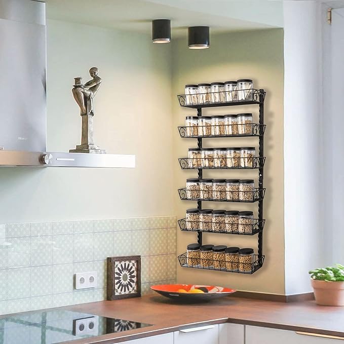 SWOMMOLY Adjustable Wall Mount Spice Rack, 6-Tier Dual-use (Multi-use) Organizer, Black
