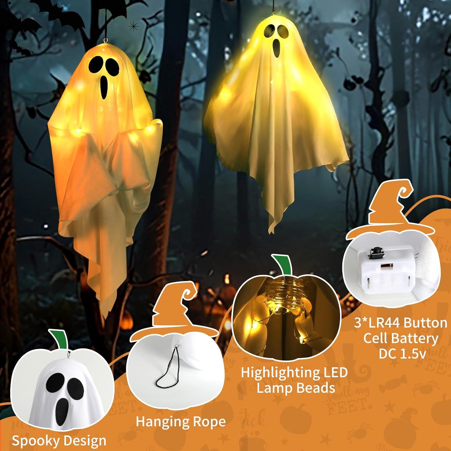 4Packs Hanging Ghosts Halloween Decor, LED Light Up Halloween Ghost Decorations, Spooky Cute Ghost Ornaments for Home Tree Garden Front Porch Yard Fall Party Holiday Decoration Outdoor 19.6", White