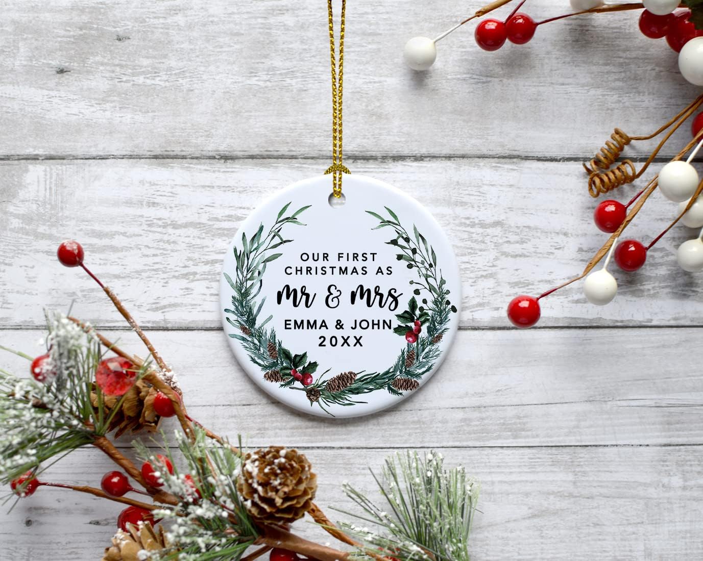 Andaz Press Personalized Our First Christmas As Mr. & Mrs. 2024 Christmas Ornaments Holly & Pinecone Wreath 2.8" Round Porcelain Ceramic 1St Year Married Custom First Christmas Married Ornament 1-Pack