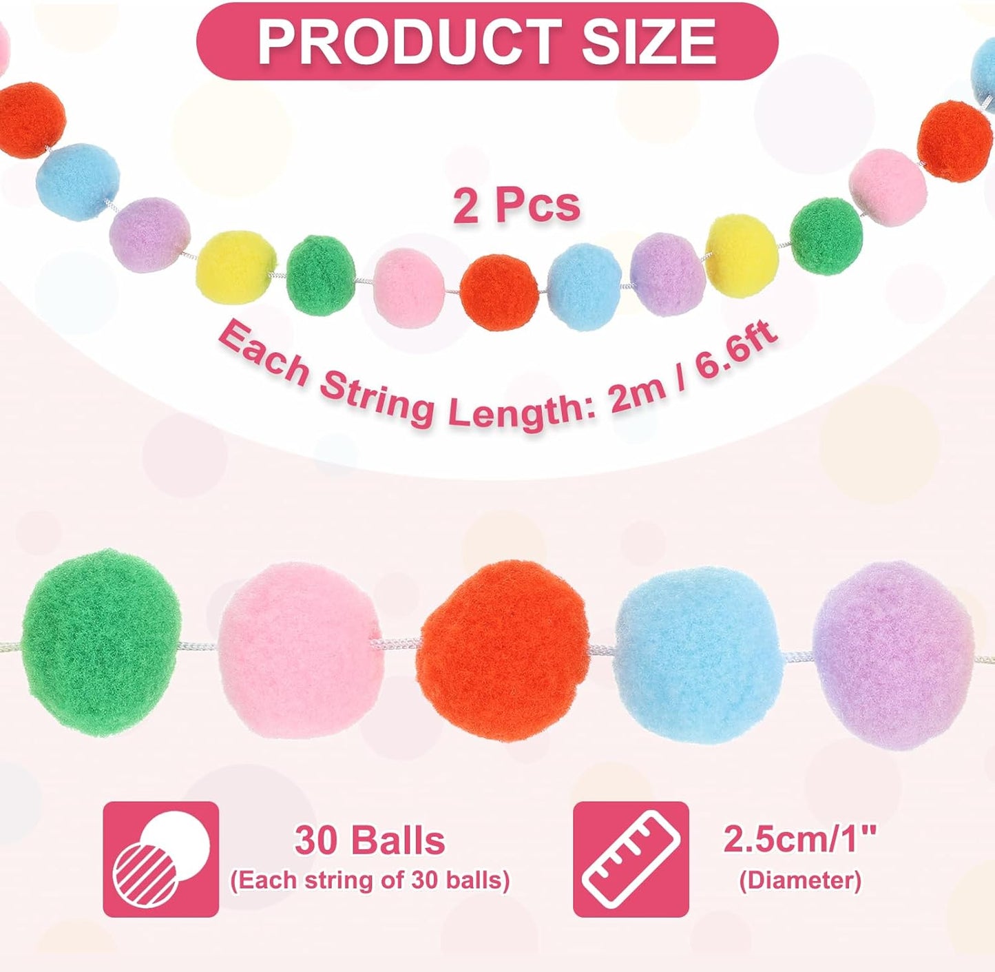 PATIKIL 13Ft Pom Pom Garland Decorations, 2Pcs Colorful Felt Ball Garland Banner Cute Rainbow Pompom Hanging Decorations for Tree Ornaments Decor, Pink/Green/Yellow/Purple/Blue/Orange