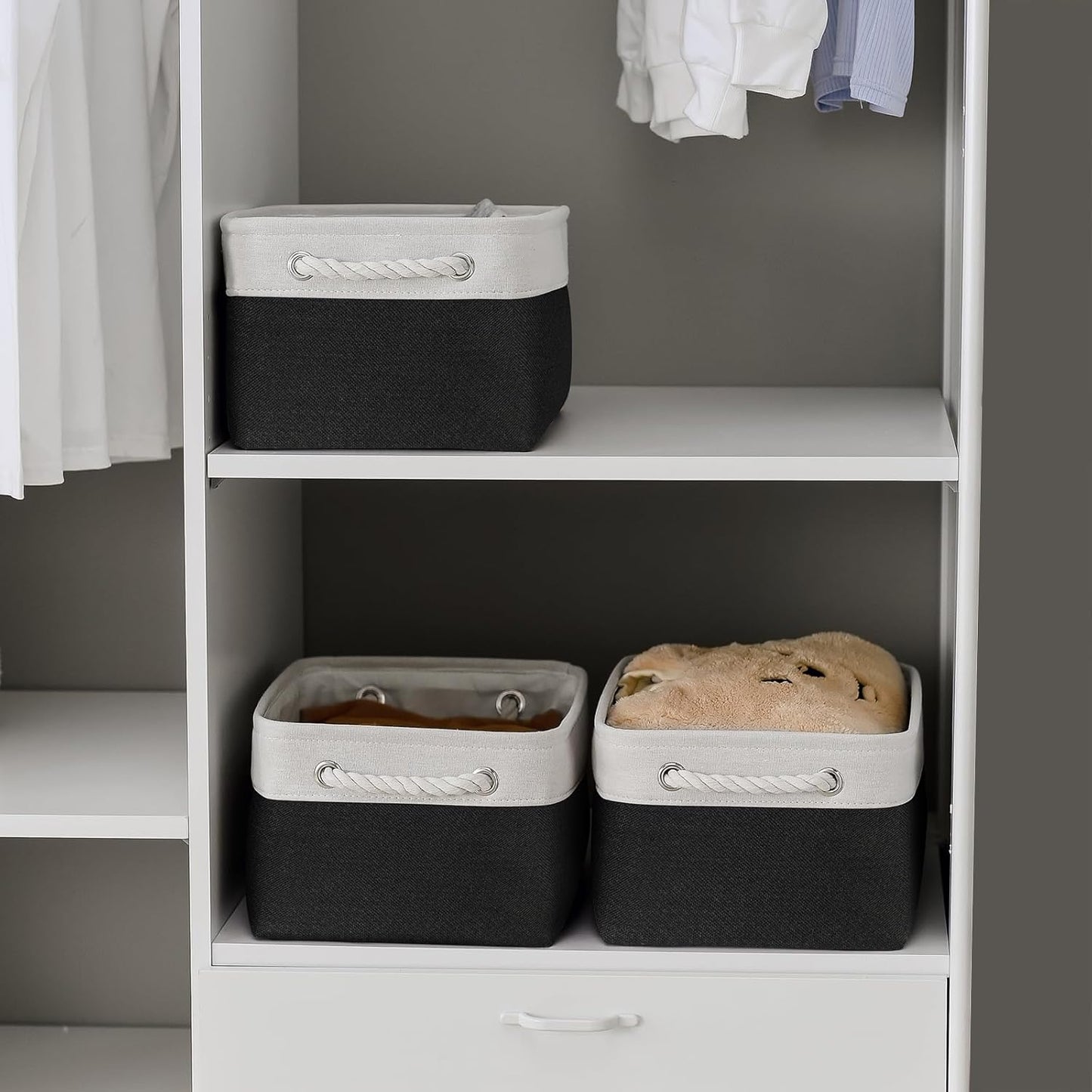 TheWarmHome Storage Basket for Organizing - 3 Pack 13.8x9.8x6.7 inch Medium Collapsible Storage Bin for Shelves with Handles Organizer Closet Cubes Cloth Gift Toy (White & Black)