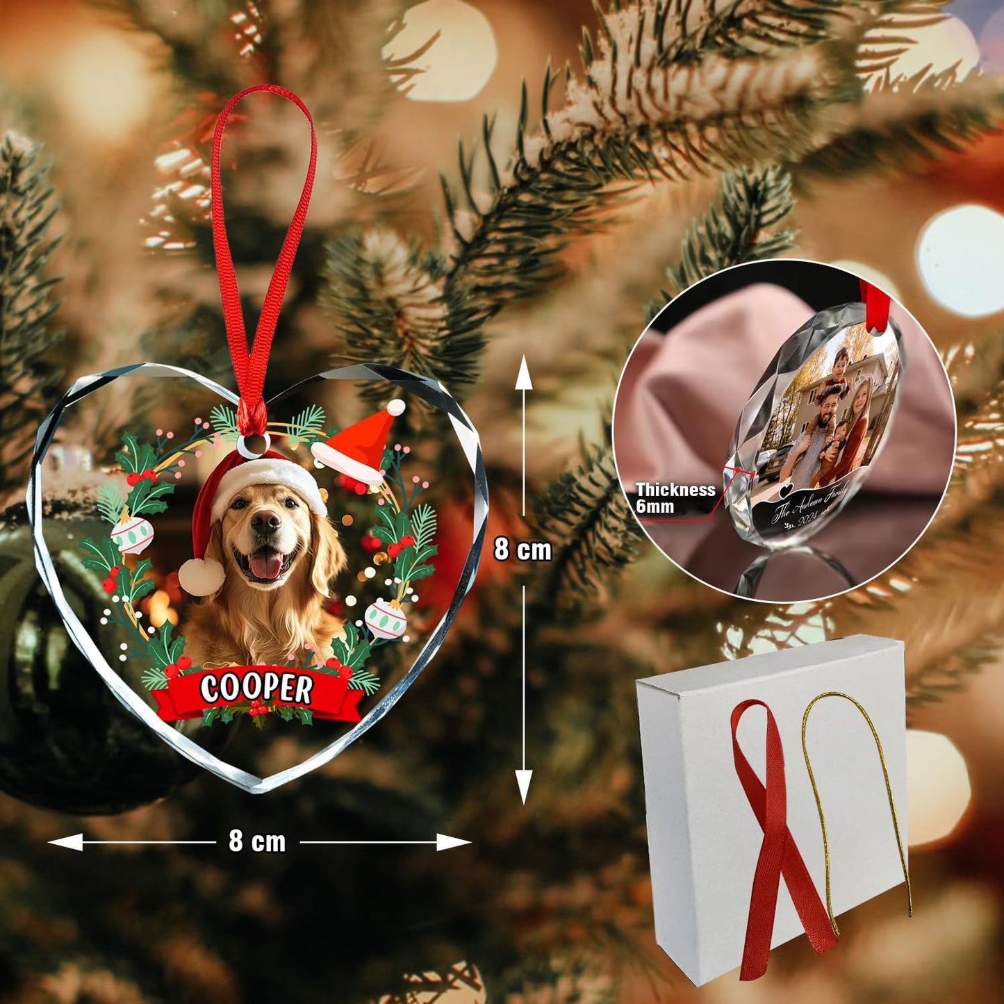 Personalized Photo Ornaments, Custom Heart Glass Christmas Tree Ornament, Custom Crystal Decoration Gifts with Text and Photos