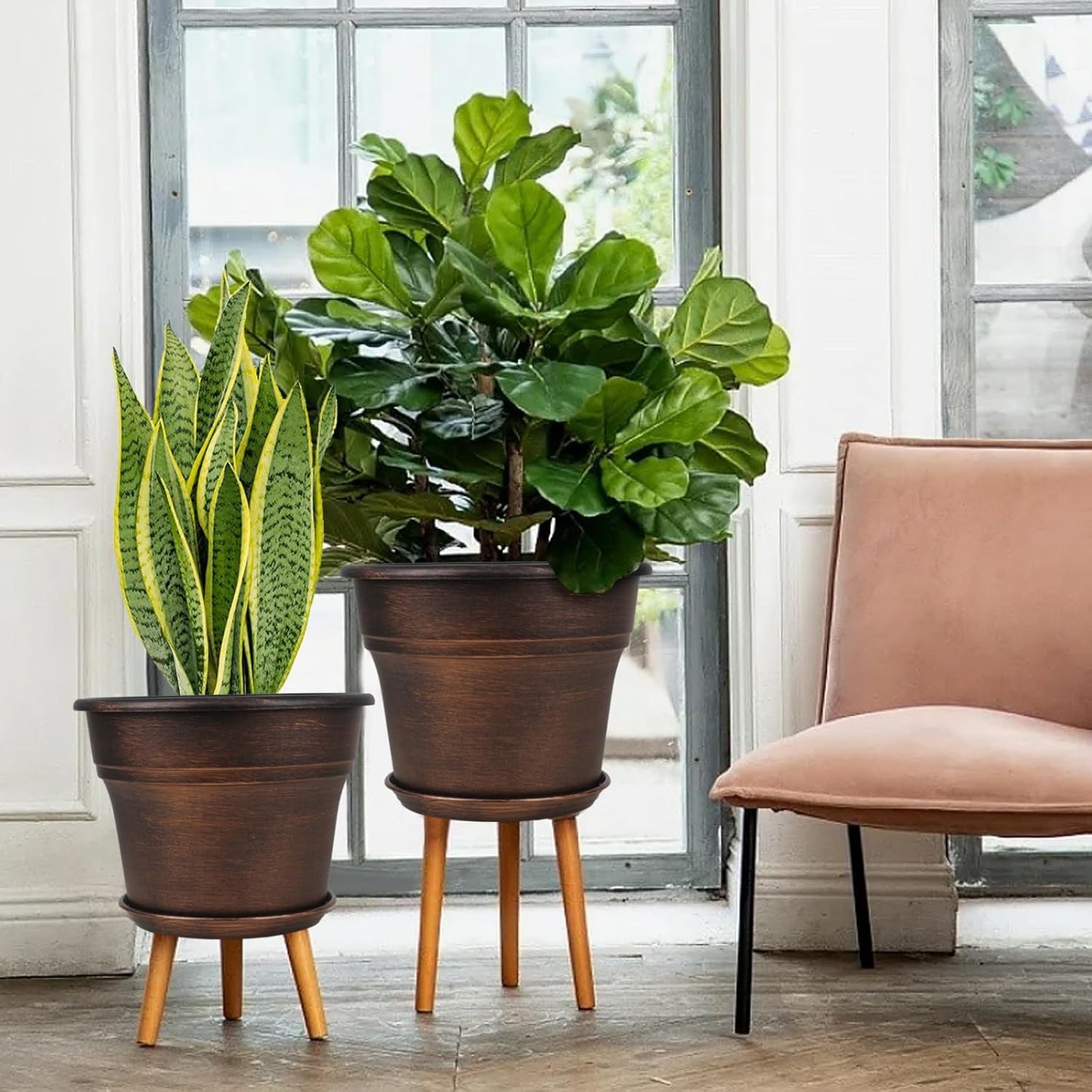 Plant Planters Pots Set of 4 Pack 11 Inch, Plastic Flower Pot for Indoor Plants with Drainage Holes & Trays, Resin Decorative Container Sets with Saucer for House Outdoor Garden Planters Copper