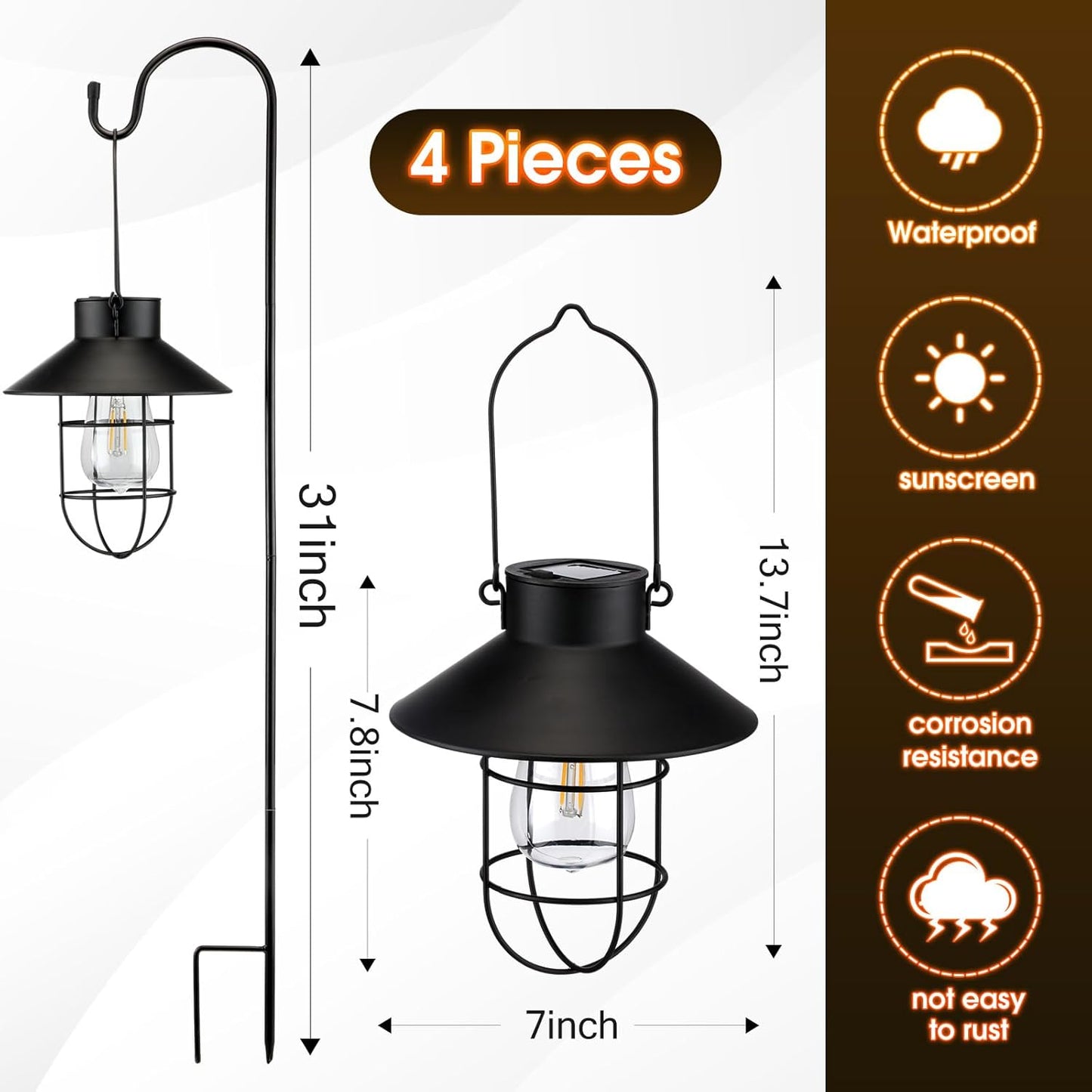Retisee 4 Pcs Hanging Solar Light 31" Outdoor Solar Lamp Lanterns with Dual Use Shepherd Hook Waterproof Pathway Hanging Lights Metal Garden Lantern for Path Patio Yard Lawn Driveway Markers (Black)